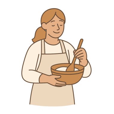 İçindekileri kâseye karıştıran, önlük takan, neşeli bir ifade takınan biri.