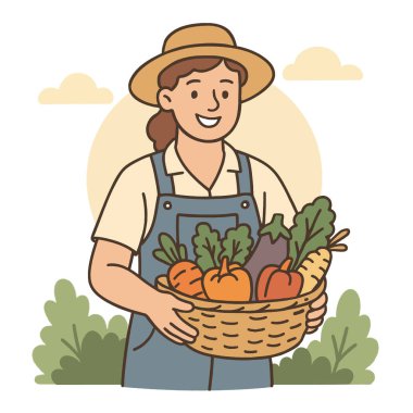 Çalışan bir insan taze sebzelerle dolu düz bir sepet tutar, neşeli bir karakter sergiler.