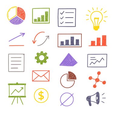 İş kavramlarını ve veri analizini temsil eden renkli el çizimi simgeleri.