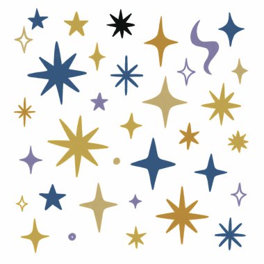 Renkli yıldızlar ve şekiller beyaz arkaplanda tuhaf desenler oluşturur.