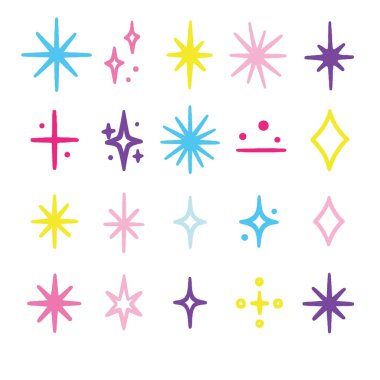 Çeşitli tasarım ve renklerde parlak ve renkli yıldız şekilleri.