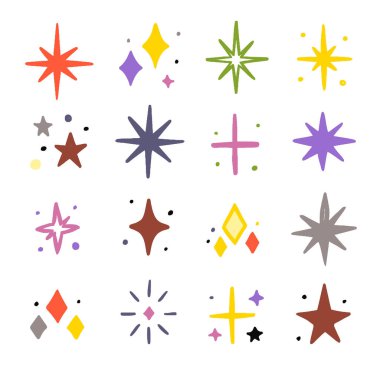 Çeşitli şekil ve boyutlarda parlak ve renkli yıldız çizimleri.