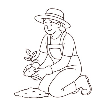 Küçük bitki toprağı eken, şapka ve eldiven takan, kareline çizimleri gösteren biri.
