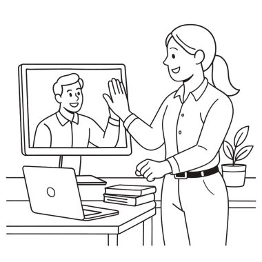 Bilgisayar ekranına el sallayan, sanal iletişim çizgisi çizimi yapan bir kişi