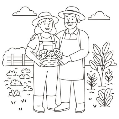 Mutlu bir çiftçi bahçe çizelgesinde sebze sepeti tutuyor.