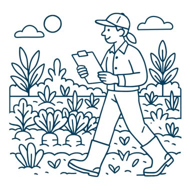 Bir çiftçi yürüme alanı, elinde pano, bitkiler ve güneş ışığıyla çevrili.