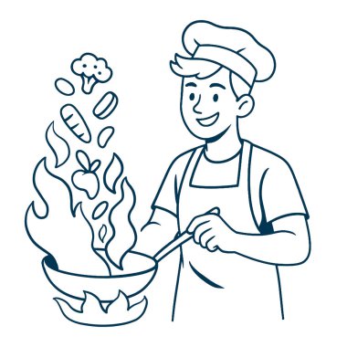 Bir aşçı alevlerle ve sebze çizgisi çizimleriyle yemek hazırlıyor.