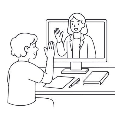 Çevrimiçi öğrenme etkileşimi, öğrenci el sallaması, öğretmen ekranı, dijital resim çizimi