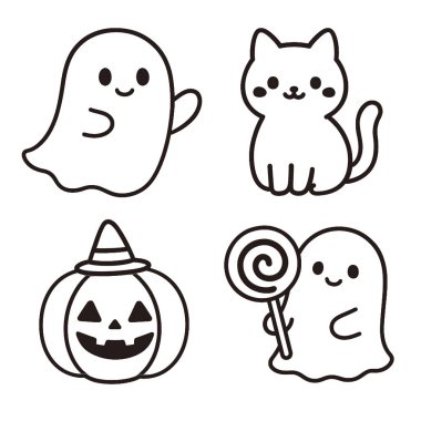 A coloring book coloring page featuring cute ghost cat pumpkin and lollipop for coloring fun