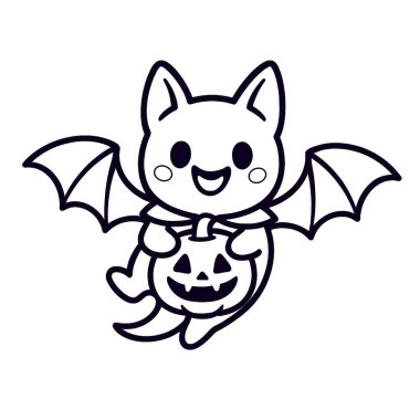 A coloring book coloring page featuring cute bat holding pumpkin for coloring fun