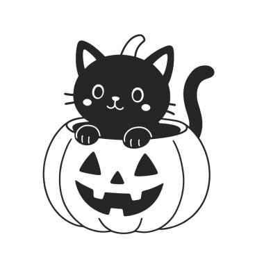 A black cat coloring book page with cute coloring style features cat in pumpkin coloring page