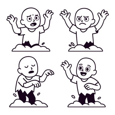 A coloring book coloring page featuring cartoon character with various emotional expressions