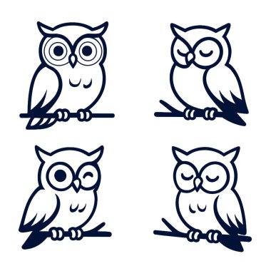 A cute owl illustration, cartoon bird, sitting branch, with different facial expressions