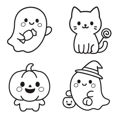 A cute ghost holding candy, cat, pumpkin character, and ghost with witch hat, all in kawaii style