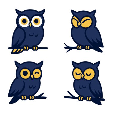 Şirin bir çizgi film baykuş seti, mavi ve sarı, dalda oturuyor, farklı yüz ifadeleri var.