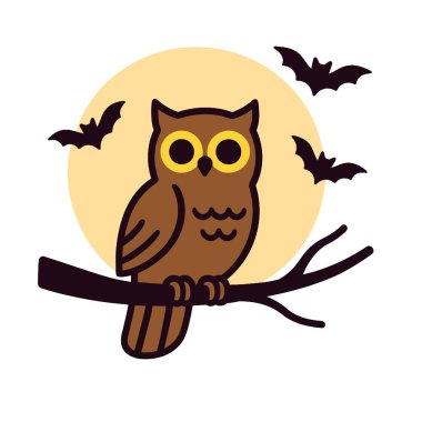 Baykuş dallı bir yarasa gecesi çizgi film hayvanlarının cadılar bayramı canlandırması