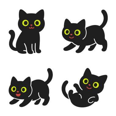 Siyah bir kedi çizgi filmi sevimli, neşeli, yeşil göz yuvarlanan, izole beyaz arka plan.