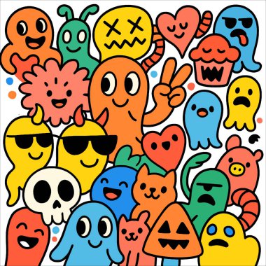 Renkli bir karalama canavarı çizgi filmi, mutlu ve üzgün ifadeler, sevimli yaratıklar, neşeli ruh hali.