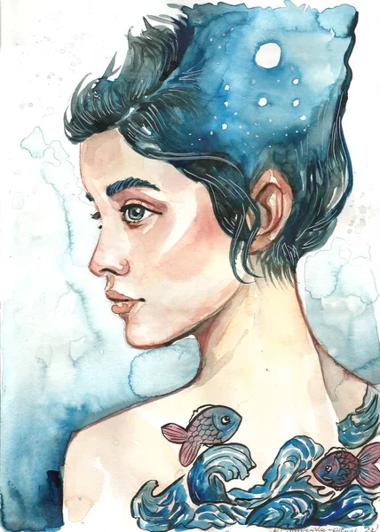 Watercolor Portrait Woman Blue Background Hand Painted Stock Image