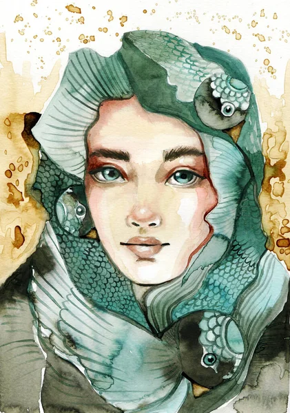 Watercolor Fantasy Portrait Woman Brown Background Hand Painted Stockfoto