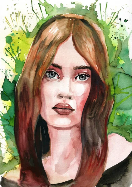 Watercolor Portrait Woman Green Background Hand Painted Stock Photo