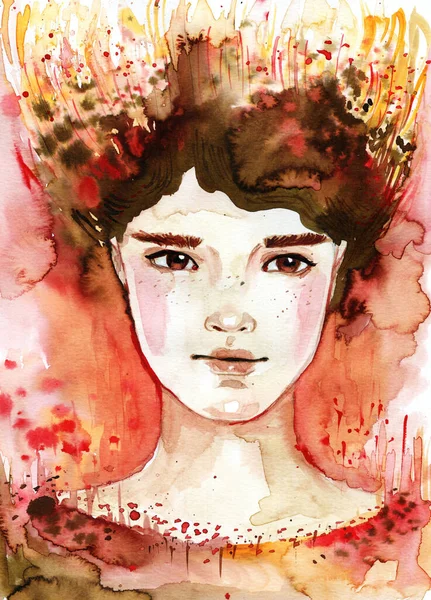 Hand Painted Watercolor Portrait Girl Red Background 로열티 프리 스톡 이미지