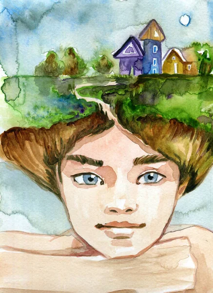 Glada Illustration Leende Pojke Mot Bakgrund Ett Landsbygdslandskap — Stockfoto