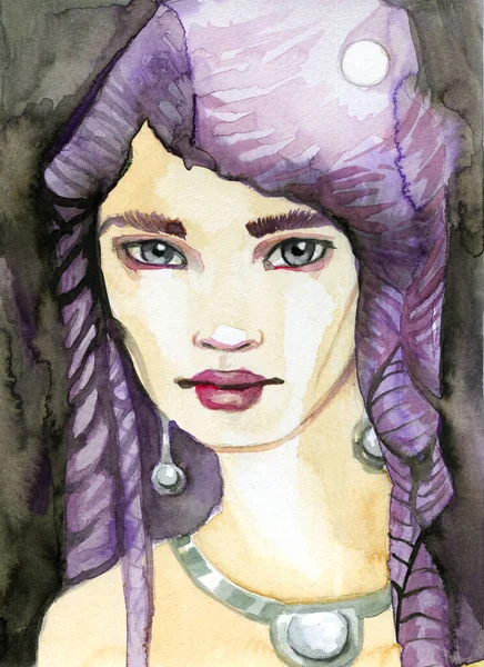 Watercolor Portrait Fancy Hairstyle — Fotografia de Stock
