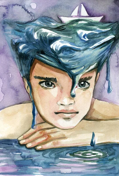 Watercolor Illustration Boy Seascape Background — Stok fotoğraf