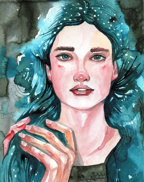 Hand Painted Painting Depicting Portrait Girl Blue Hai Стоковая Картинка
