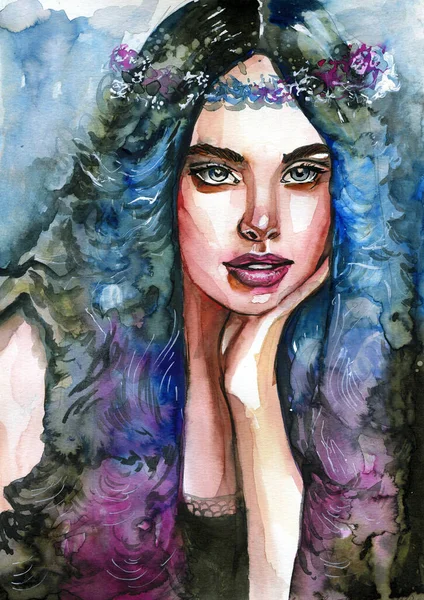 Hand Painted Painting Depicting Portrait Spiritual Girl Stock Image