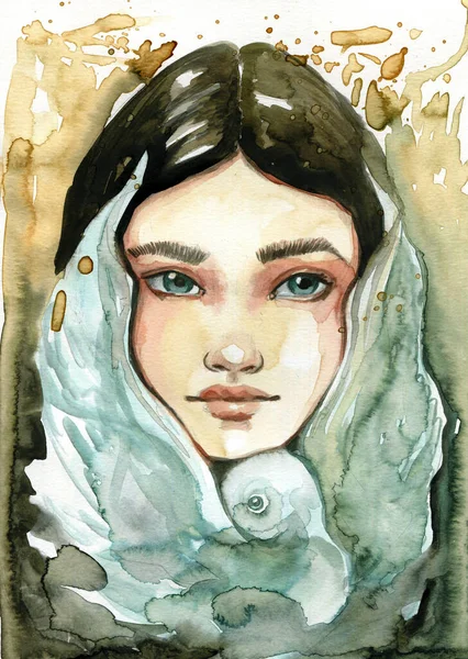 Watercolor Illustration Portrait Girl Arms Dove Peace Stockfoto