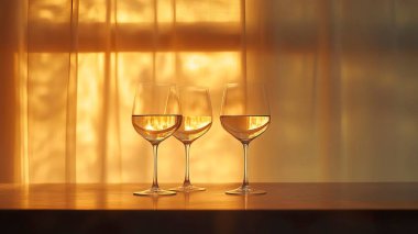 İki şarap kadehi zarif bir şekilde ahşap bir masaya yerleştirildi.