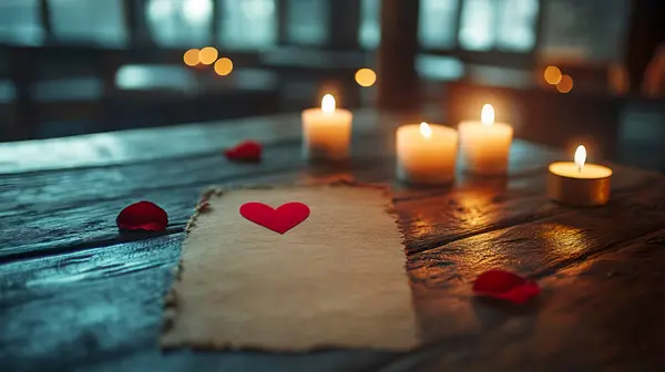 Mumlarla dolu bir masa ve romantik ve şenlikli durumlar için bir kalp süslemesi.