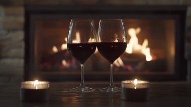 Sıcak ambiyansı olan sıcak bir şöminenin yanındaki masada iki kadeh kırmızı şarap. Ai oluşturuldu