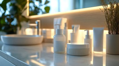 Beyaz tezgahta çeşitli yeşil bitkiler sergileniyor.