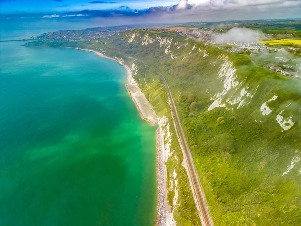 stock image Scenic aerial drone view of Samphire Hoe Country Park with white cliffs, Dover, south England