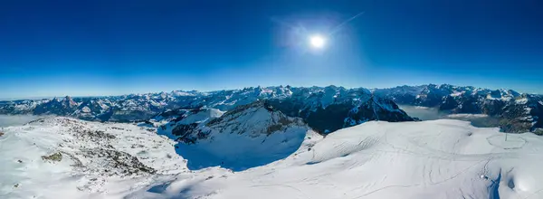 Aerial Drone View Snow Covered Mountains Ski Slopes Ski Area — Stock Photo, Image