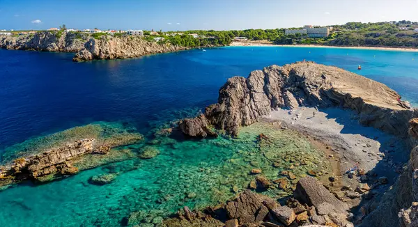 Vista Drone Real Bela Baía Praia Arenal Castell Ilha Menorca Imagens De Bancos De Imagens Sem Royalties
