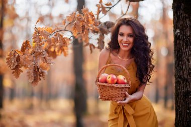 Güz boyunca ormanda uzun saçlı, elma sepeti olan güzel bir kadın.