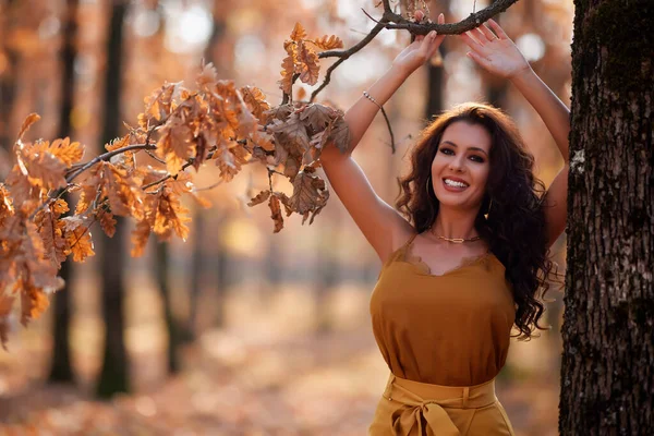 秋の森の中に長い髪の美しい女性の肖像画 — ストック写真