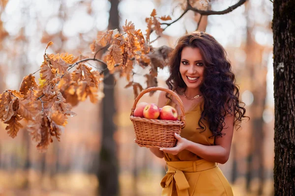 Vacker Kvinna Med Långt Hår Skogen Med Korg Med Äpplen — Stockfoto