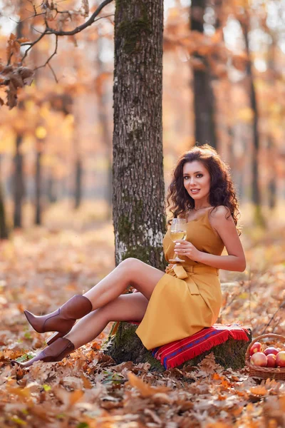 Beautiful Woman Long Hair Glass Wine Her Hand Autumn — Stock Photo, Image