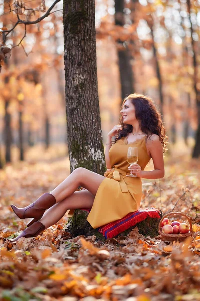 Beautiful Woman Long Hair Glass Wine Her Hand Autumn — Stock Photo, Image