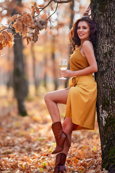 Schöne Frau Mit Langen Haaren Mit Einem Glas Wein Der — Stockfoto