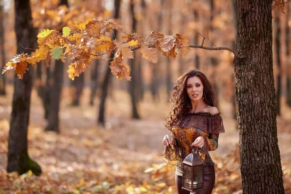 Όμορφη Γυναίκα Στο Δάσος Μια Φθινοπωρινή Μέρα Μια Λάμπα Στο — Φωτογραφία Αρχείου