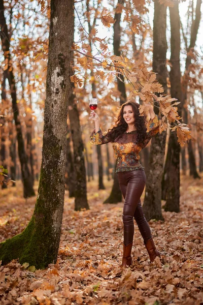 Porträt Einer Schönen Frau Wald Einem Sonnigen Herbsttag Mit Einem — Stockfoto