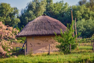 Tuna Deltası 'ndan sazlık çatılı geleneksel ev.