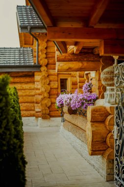 Ahşap bir kulübenin penceresinde çiçek resmi