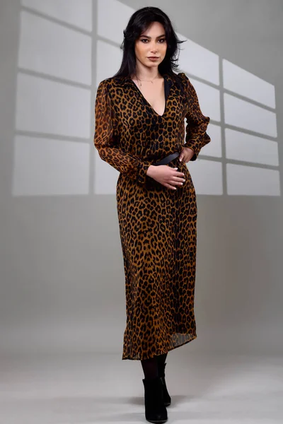 美しいですポートレートのブルネット女性身に着けている動物のプリントドレス — ストック写真